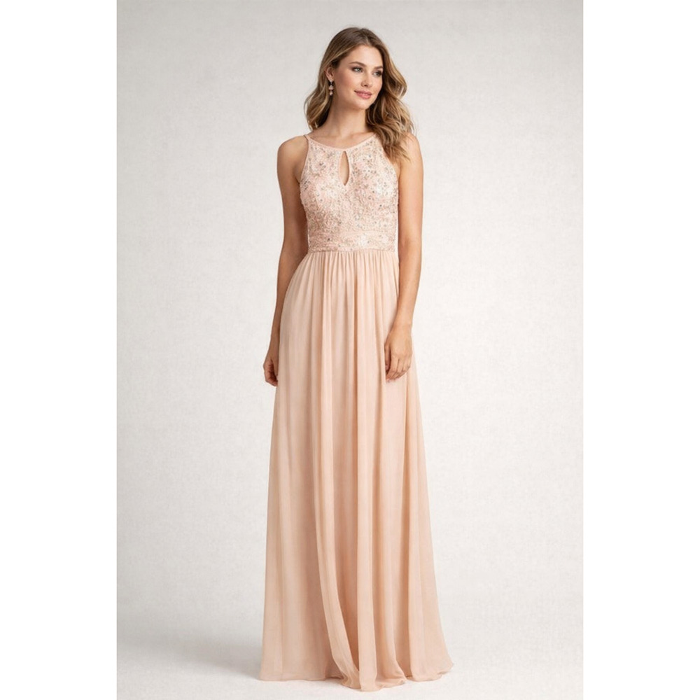Morgan & Co Sequence Embellished Tie Back Long Halter Dress Nude Size 4